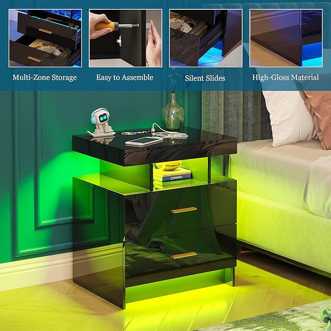 WOOVIVS Night Stand Set 2 with USB/Type-C/Wireless Charging Station, Blakc