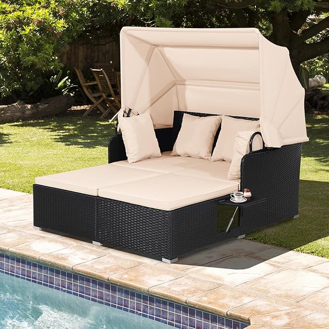COSTWAY Outdoor Daybed with Retractable Canopy, Patio Rattan Daybed with
