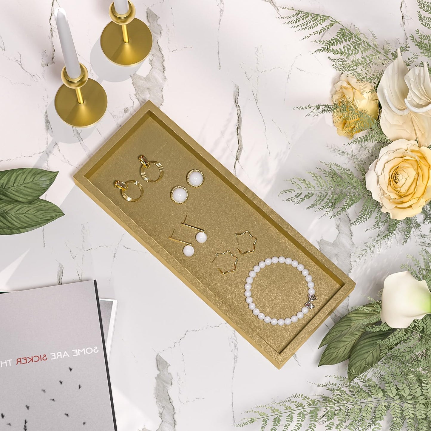 ZHWS Gold Bathroom Vanity Tray for Soap Dispenser, Perfume, Jewelry, Candle, Makeup, Decor, Toilet Tank Tray, Kitchen Tray for Spice, Salt, Coffee 11.3”L x 4.4”W x 1.14”H