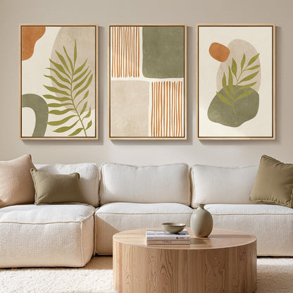 Framed Boho Sage Green Wall Art for Living Room, Large Mid Century Modern Tropical Leaf Canvas Artwork for Walls, 3 Piece Beige Orange Bohemian Wall Art Prints for Bedroom Kitchen Hallway, 16x24 Inch