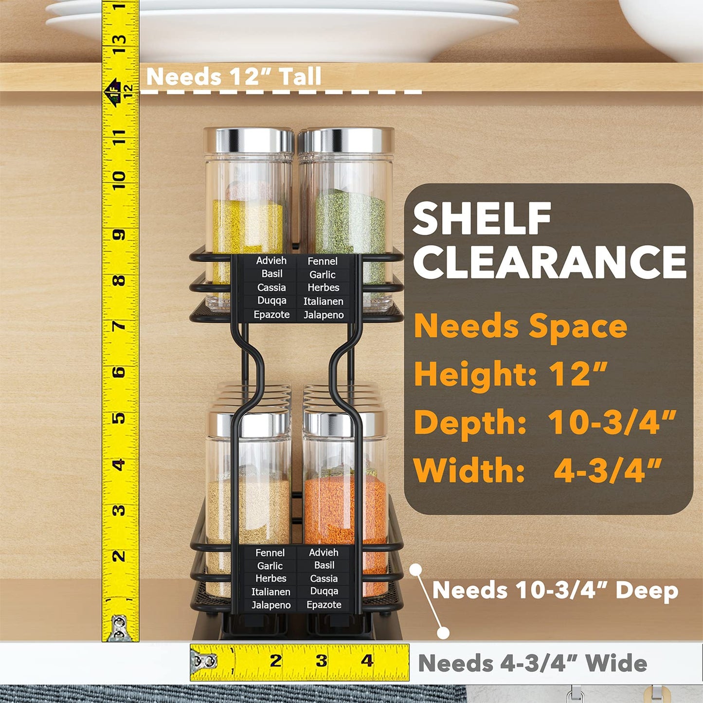 SpaceAid Pull Out Spice Rack Organizer for Cabinet, Heavy Duty Slide Out Seasoning Kitchen Organizer, Cabinet Organizer, with Labels, 4.5" W x10.75 D x8.5 H, 1 Drawer 2-Tier