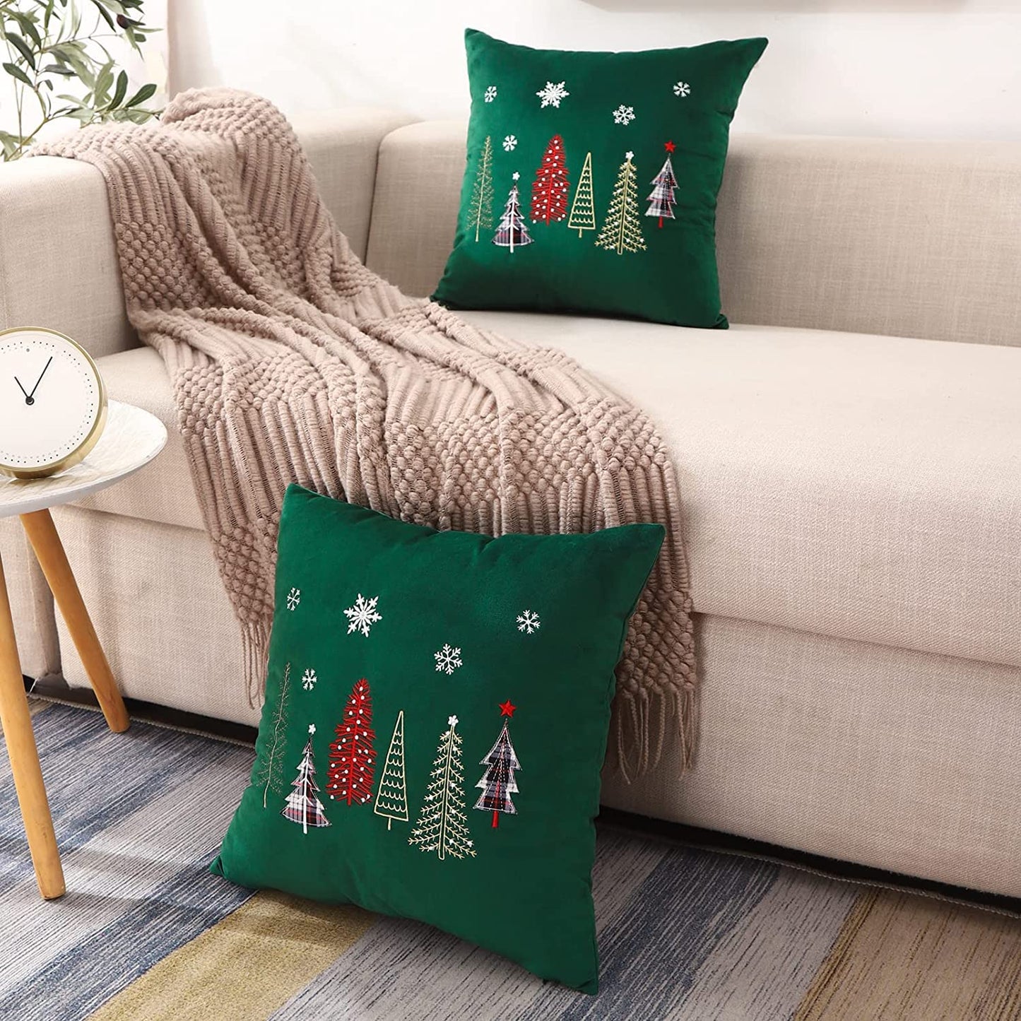 Tosleo Christmas Embroidery Throw Pillow Covers 24 x 24 inch Set of 2 Xmas Dec Velvet Pillowcases Forest Green Christmas Trees Cushion Pillow Cases Soft Square Holiday Pillowcase