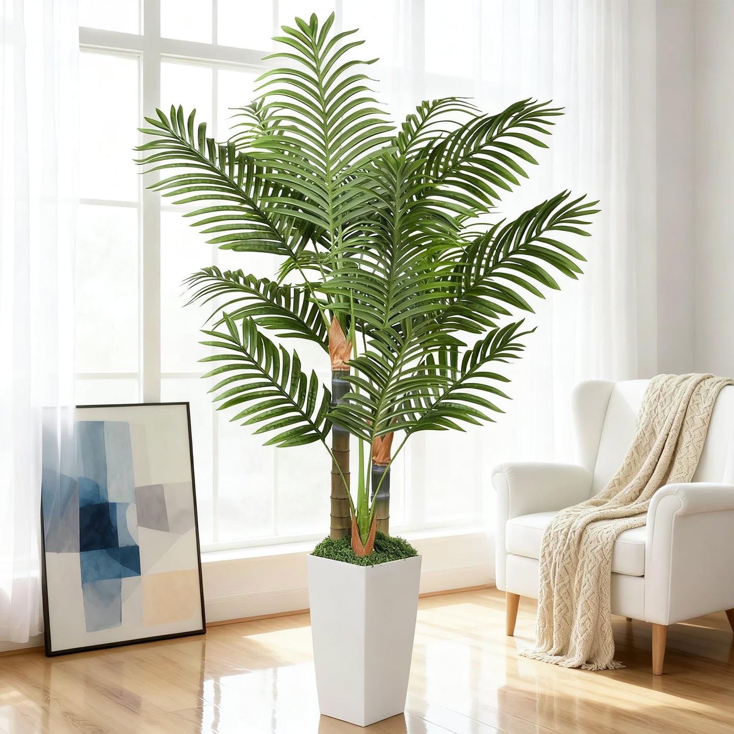 5ft Artificial Palm Tree Indoor Plant，Triple Faux Tropical Areca Floor Plant in Pot，Artificial Plants with Lifelike Leaves for Home Office Decor
