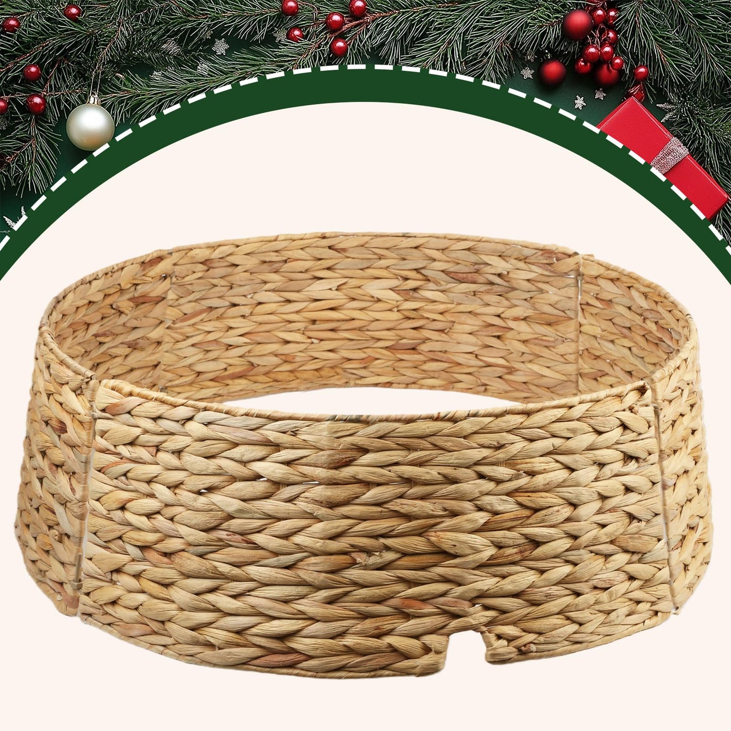 27" Christmas Tree Collar, Hand Woven Hyacinth Christmas Tree Base - 4 Piece Rustic Farmhouse Style Tree Skirt Replacements for Artificial Trees, Fits Below 26" Tree Stand, Natural Hyacinth