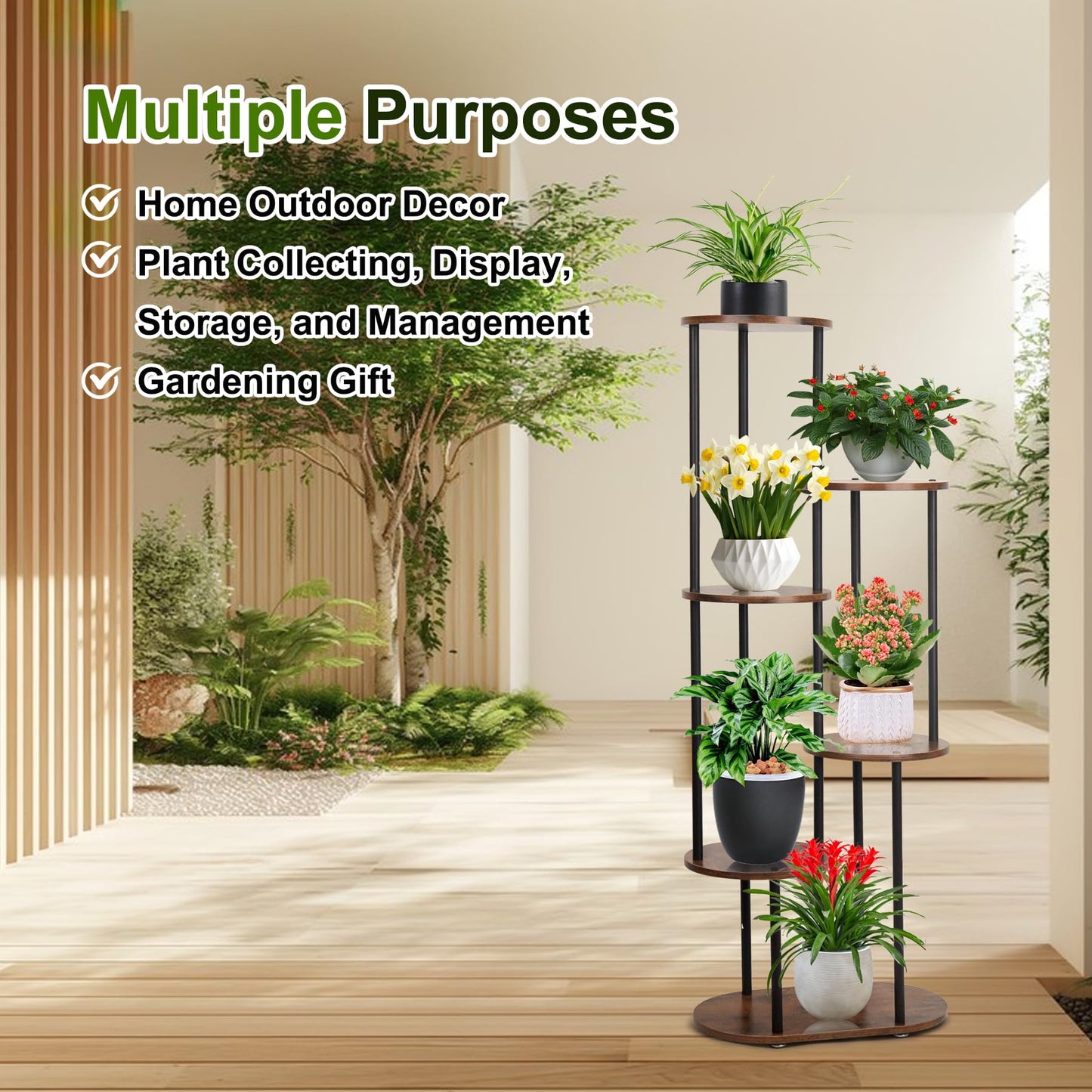 Exrisiry Plant Stand Indoor - 6 Tiers Plant Holder Indoor 7 Pots Flower Plant Shelf, 44.8 Inch Tall Large Wooden Plant Rack for Living Room, Patio, Balcony Decor, Gardening Gift, Black