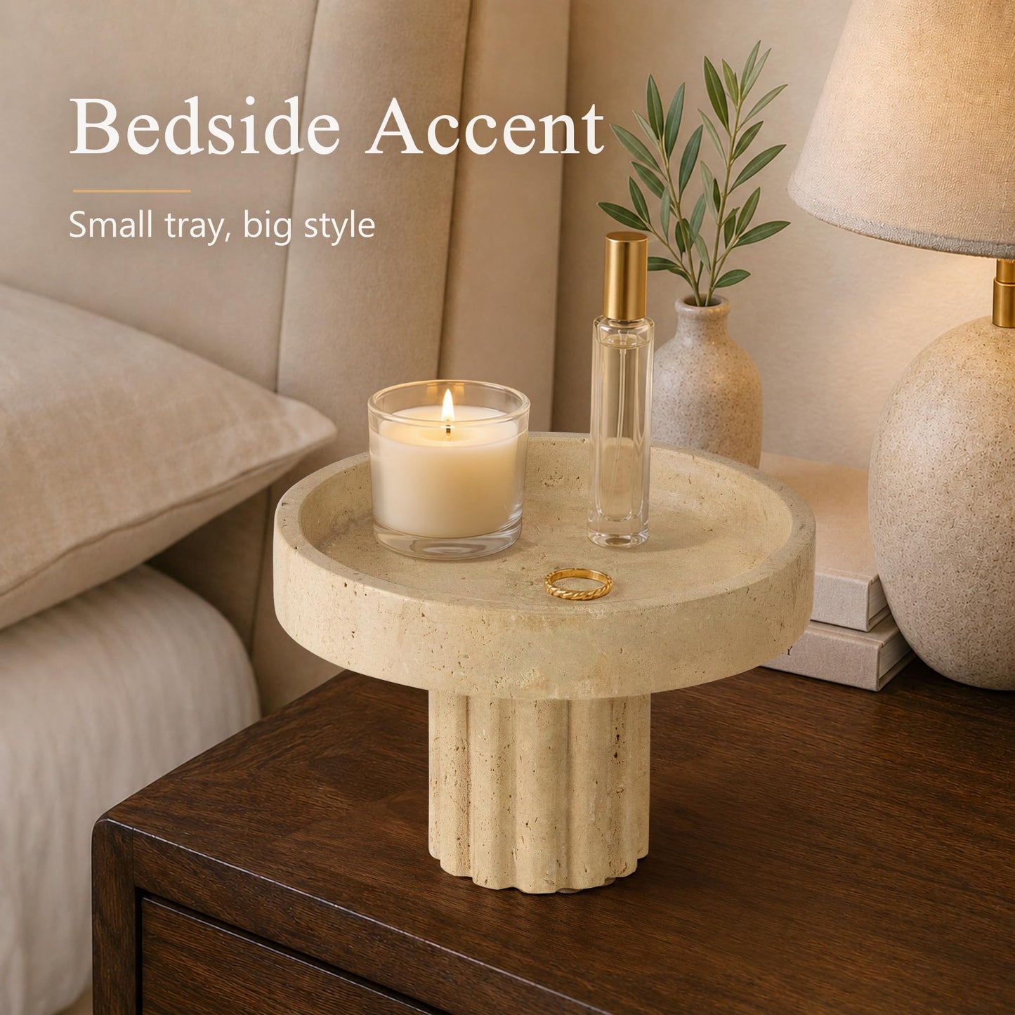 YMXYJM,Travertine Decorative Tray,Pedestal Display Stand,Beige