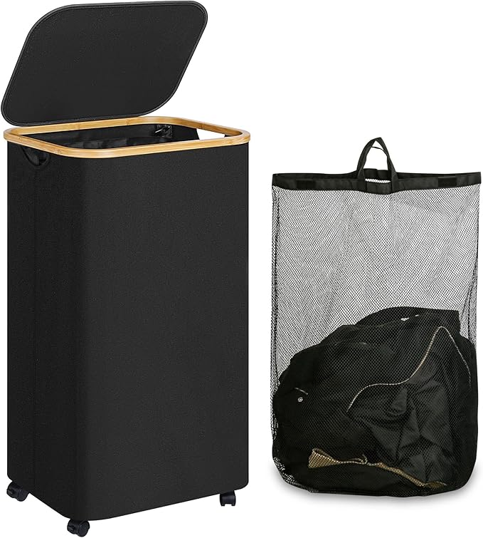 Laundry Basket with Wheels, 110L Black Clothes Hamper