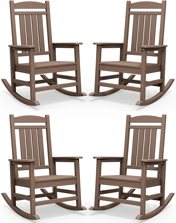 SERWALL HDPE Outdoor Rocking Chair Set of 4, Patio Rocking Chairs, All-Weather Porch Rockers for Adults, Brown