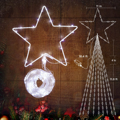 Christmas Decorations Star String Lights, 344 LED Waterfall Tree Lights with 11" Topper Iron Star Christmas Lights Indoor Outdoor Decorative for Wedding Party Home Holiday Decor (Pure White)