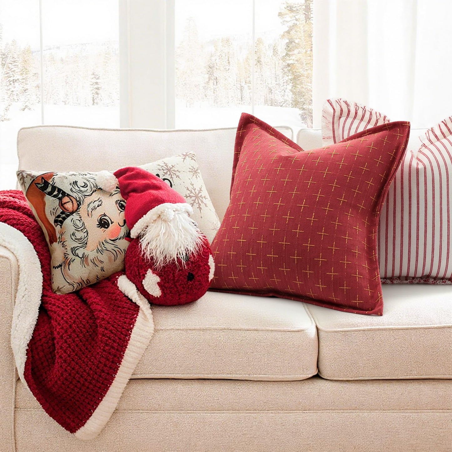 ZWJD Christmas Pillow Covers 24x24 Set of 2 Soft Polyester Textured Red Pillows with Stylish Flange Edge Cozy Farmhouse Christmas Decor for Couch Bed Sofa Living Room (Red)