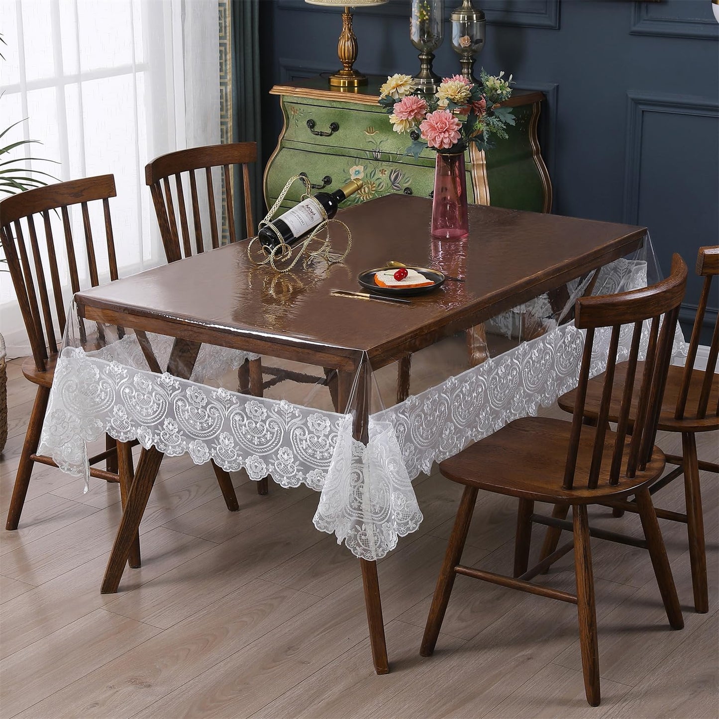 Rakila Clear Plastic Rectangle Tablecloth Vinyl Waterproof Table Cloth Embroidered Lace Edge Transparent Table Cover for Dining Kitchen Outdoor(60 x 106 inch, White)