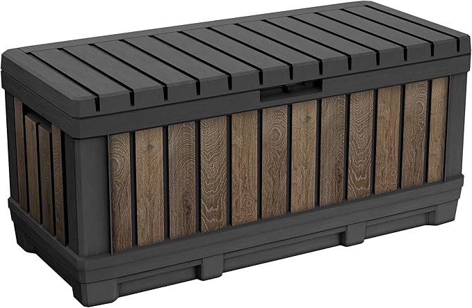 Keter Signature Collection 92 Gallon Resin Deck Box Organization and Storage Box for Patio Outdoor Cushions, Throw Pillows, Garden Tools and Pool Supplies, Walnut