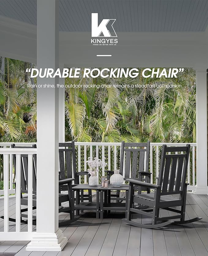 KINGYES Oversized Outdoor Rocking Chair Set of 2, All-Weather Patio Rocking Chairs for Porch, HDPE Outdoor Patio Rockers with High Back & Wide Seat for Garden, Lawn, Black