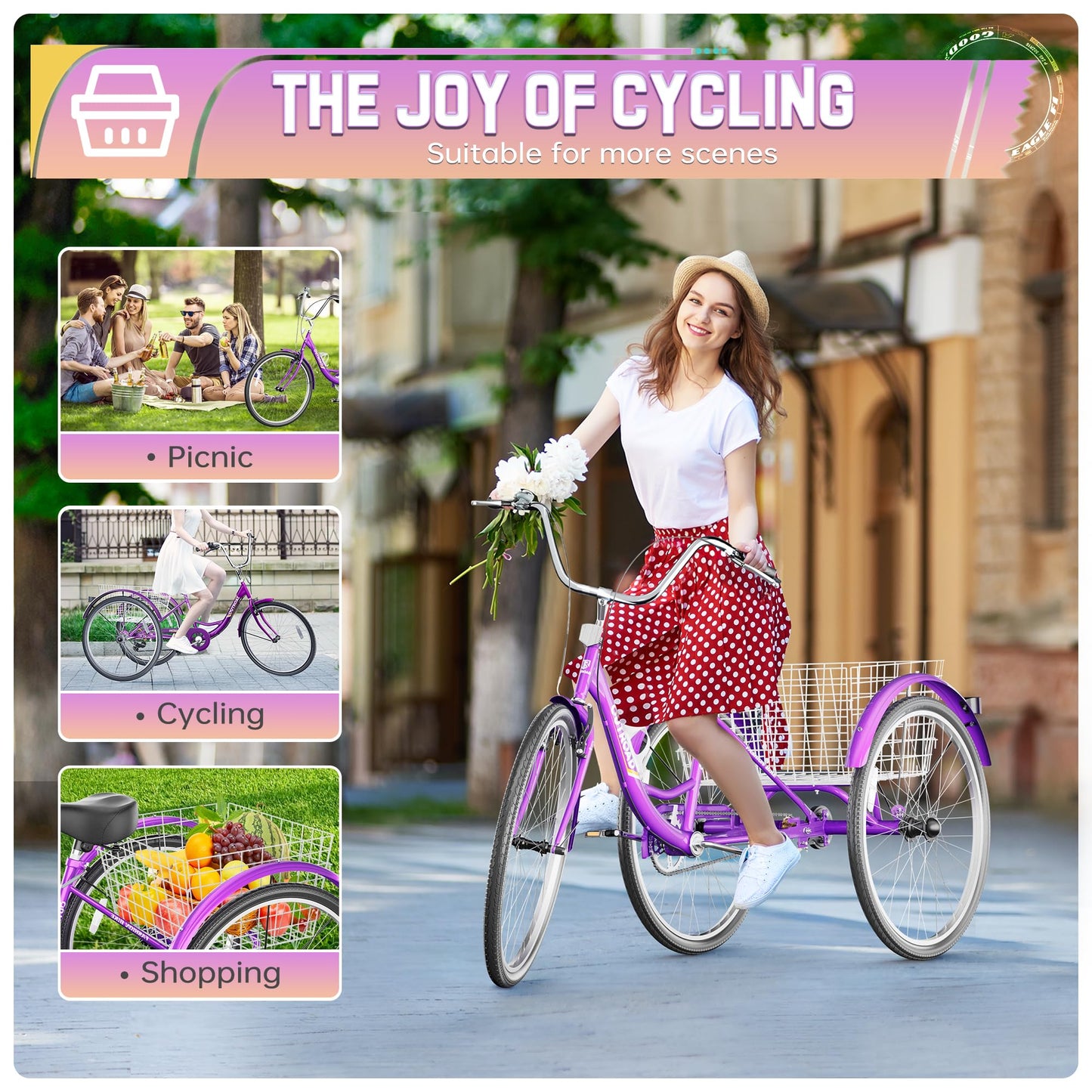 MarKnig Adult Tricycle, 26 Inch 3 Wheel Bikes with Large Basket, Cruiser Bike for Women/Men/Seniors, Adult Trike for Outdoor/Shopping/Recreation/Picnic (Purple)