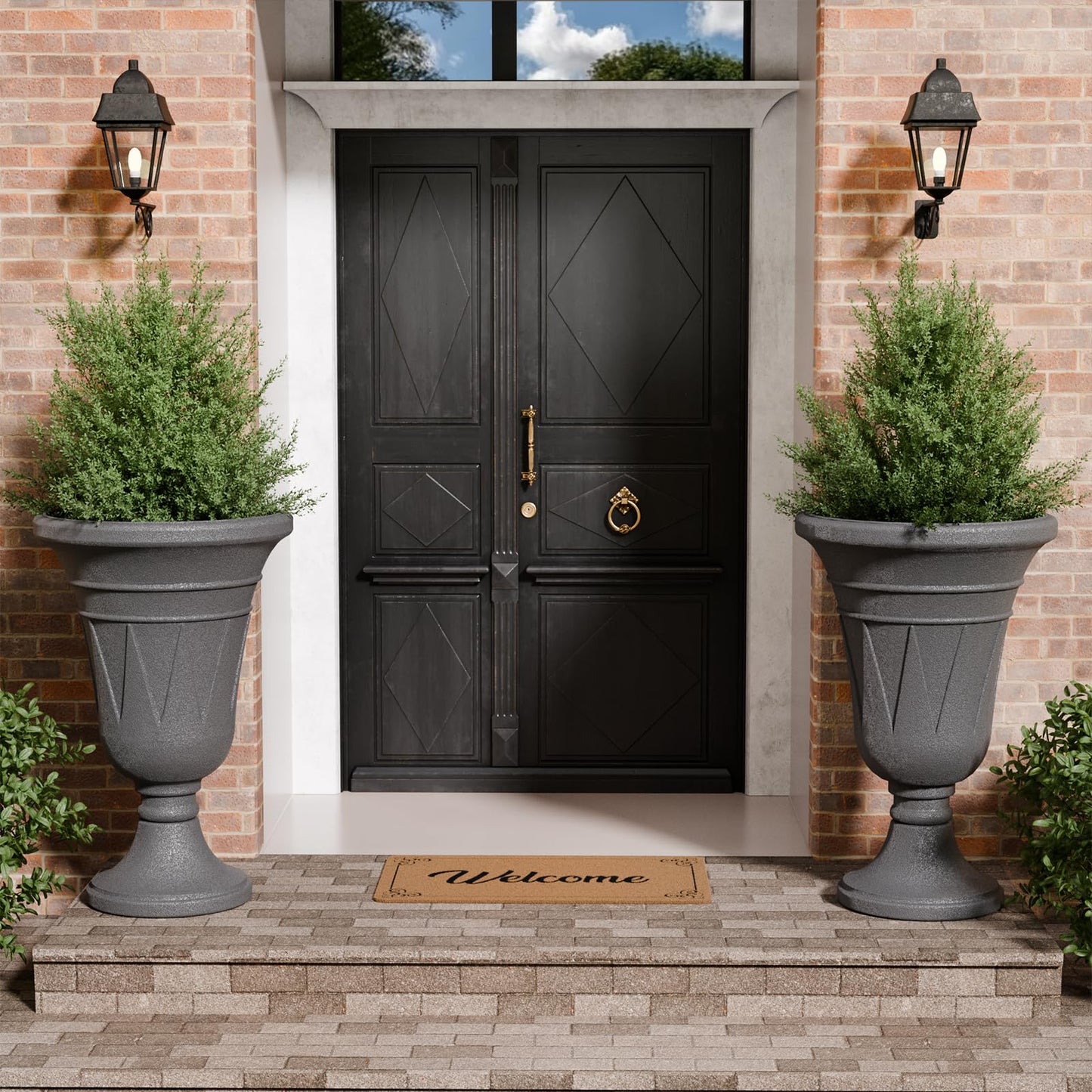 Trygoal 23.6" Tall Plastic Urn Planters for Outdoor Plants, Set of 2 Heavy-Duty Classic Indoor Large Flower Pots with Drainage Holes & Trophy Design, Outdoor Planters for Porch, Home Garden, Dark Grey