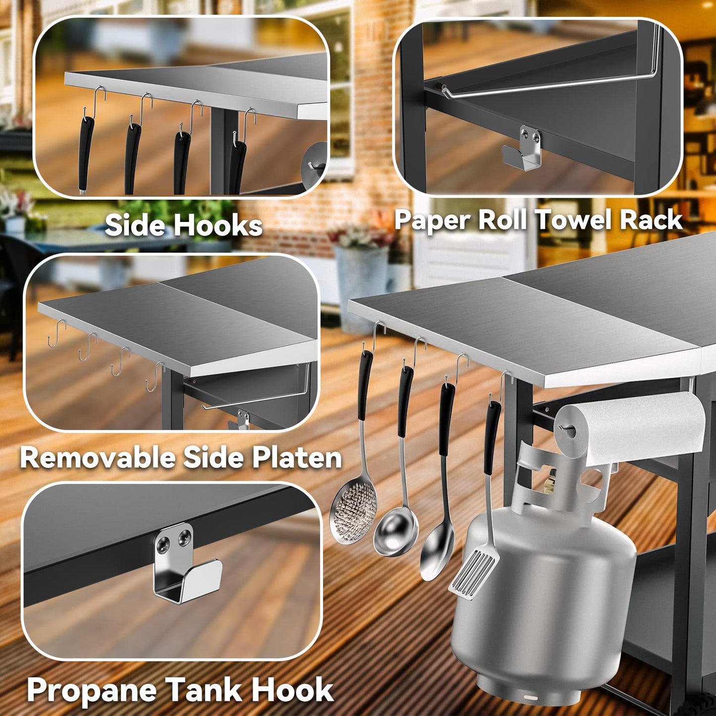 Skyflame Heavy Duty Pizza Oven Table & BBQ Prep Cart, Stainless Steel Rolling Grill Cart with Lockable Wheels, 3 Shelf Outdoor Workstation for Griddle/Patio – 170 lbs, No Wobble
