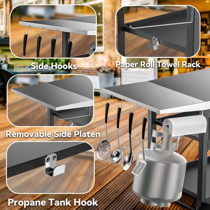 Skyflame Heavy Duty Pizza Oven Table & BBQ Prep Cart, Stainless Steel Rolling Grill Cart with Lockable Wheels, 3 Shelf Outdoor Workstation for Griddle/Patio – 170 lbs, No Wobble