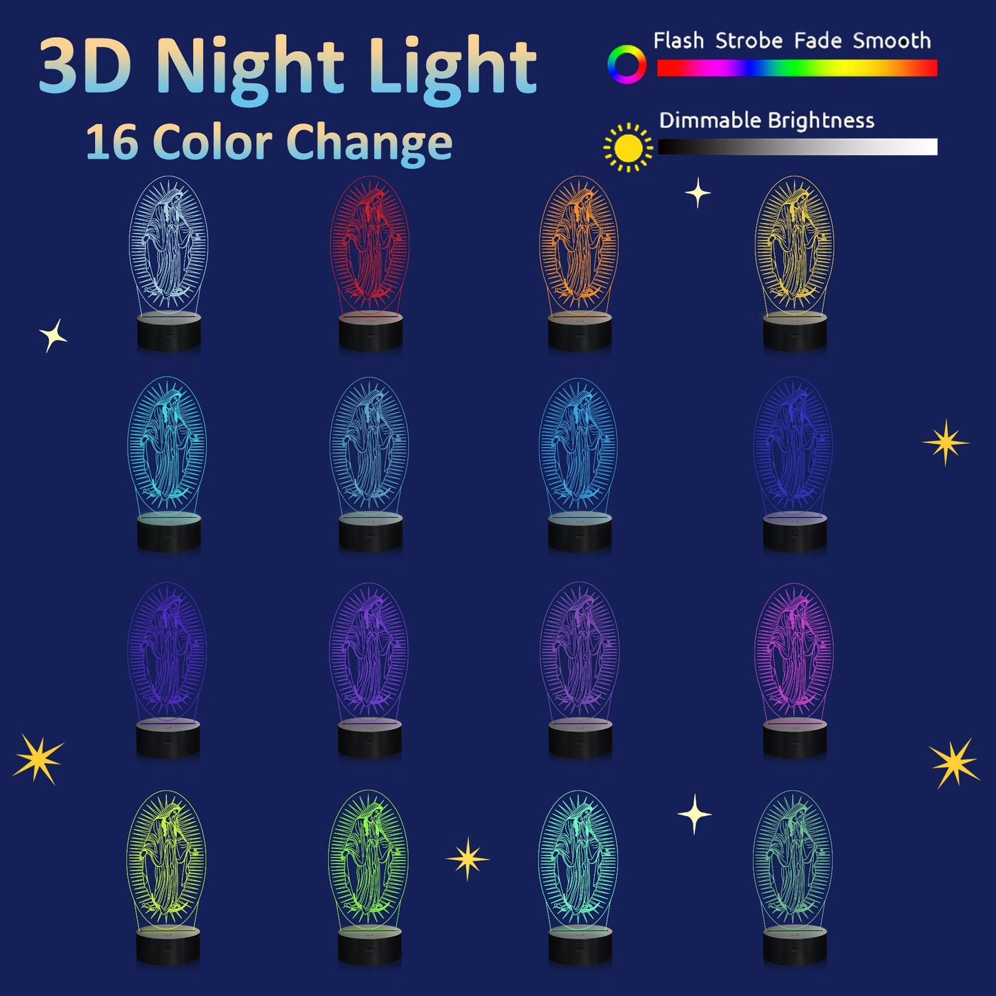 Attivolife Virgin Mary Gifts, 3D Our Lady Night Light Illusion Hologram Lamp 16 Color Changing with Remote Control, LED Best Birthday Christian Mothers Day Gifts for Religious Women Mom