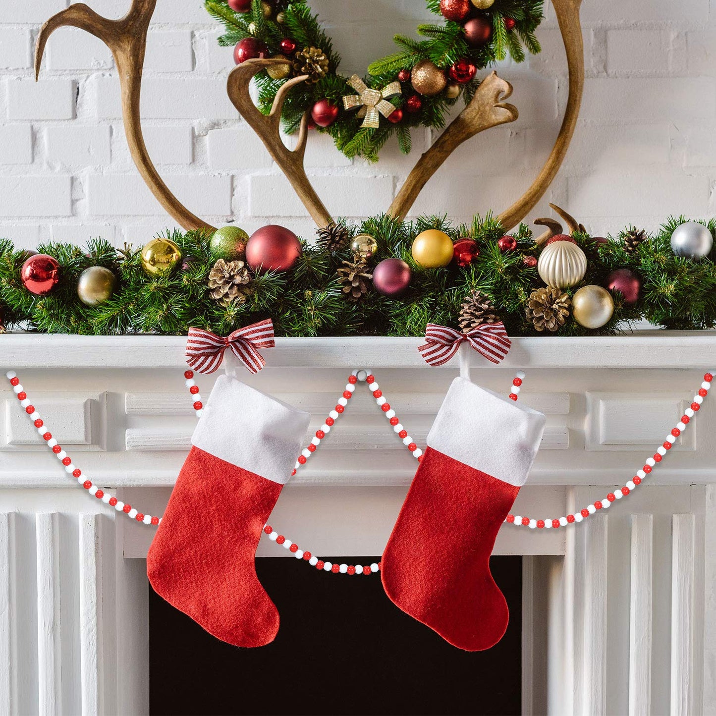Hicarer 16 Feet Christmas Wooden Bead Garland Christmas Wood Bead Garland Decor Xmas Candy Cane Decoration Farmhouse Rustic Tree Decoration for Holiday Party(Mixed Red and White)