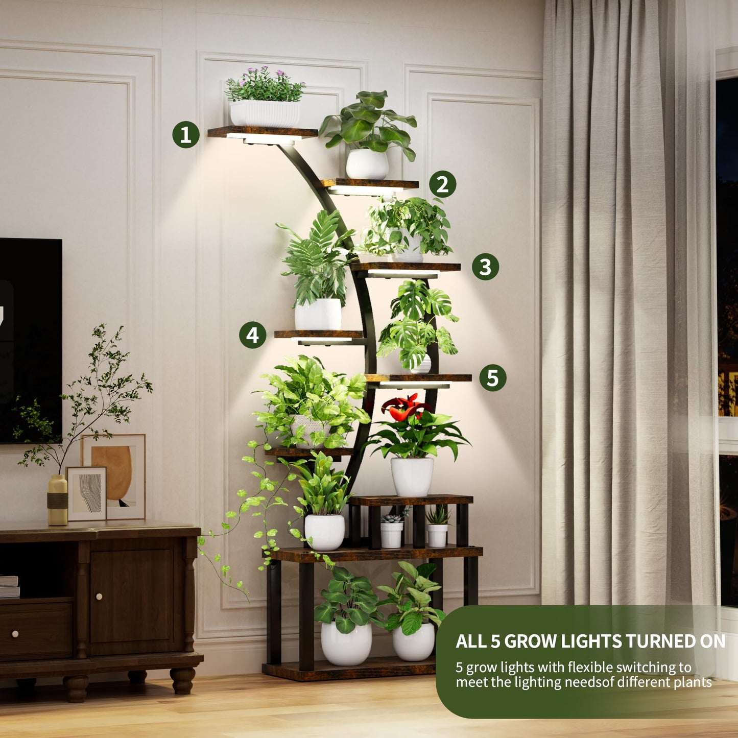 9-Tier Indoor Plant Stand , 63.6" Tall Plant Stand with 5 Grow Lights for Lush Greenery, Adjustable Lighting Modes, 10-Level Dimming & 3 Timer Settings, Energy-Efficient, Perfect for Plant Growth (9-Tiered 63.6" Tall)