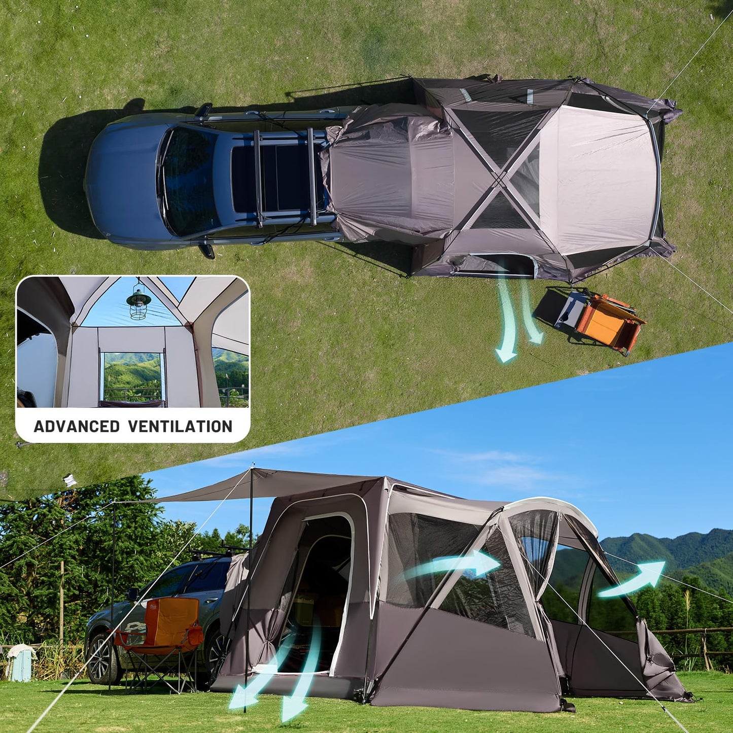 TIMBER RIDGE 5-9 Person SUV Tent with Screen Porch and Awning for Family Camping, Weather Resistant and Portable Van or Car Tent, Includes Rainfly and Storage Bag, 13' W X 10' L X 7.1' H, Tan