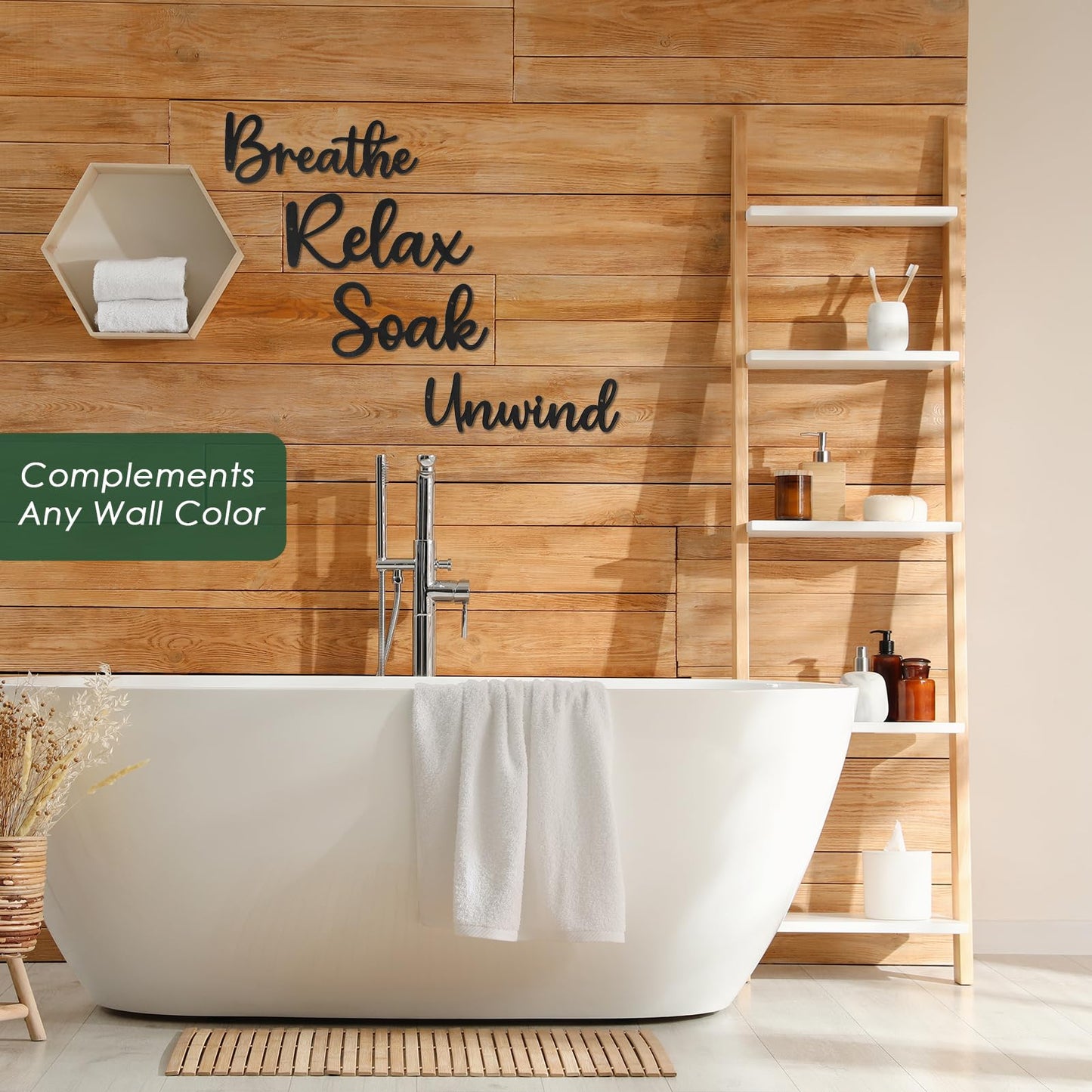 Sanwarm 4 Pieces Metal Modern Wall Decor, Black Wall Art Decors Breathe Relax Soak Unwind Fresh Hollow Sign Minimalist Cosy Hanging Decoration for Home Bathroom Living Room Bath SPA Yoga Studio