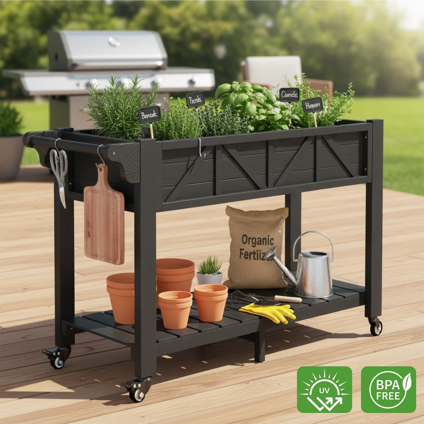 Elevated Raised Garden Bed with Legs & Wheels, 47x17x29.7in Large Planter Box with Handle & Shelf, HIPS All-Weather Outdoor Planter with Drainage Holes, Liner & Hooks for Vegetables, Herbs & Flowers