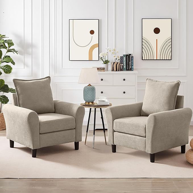Mid-Century Accent Chairs Set of 2, Modern Linen Fabric Armchair