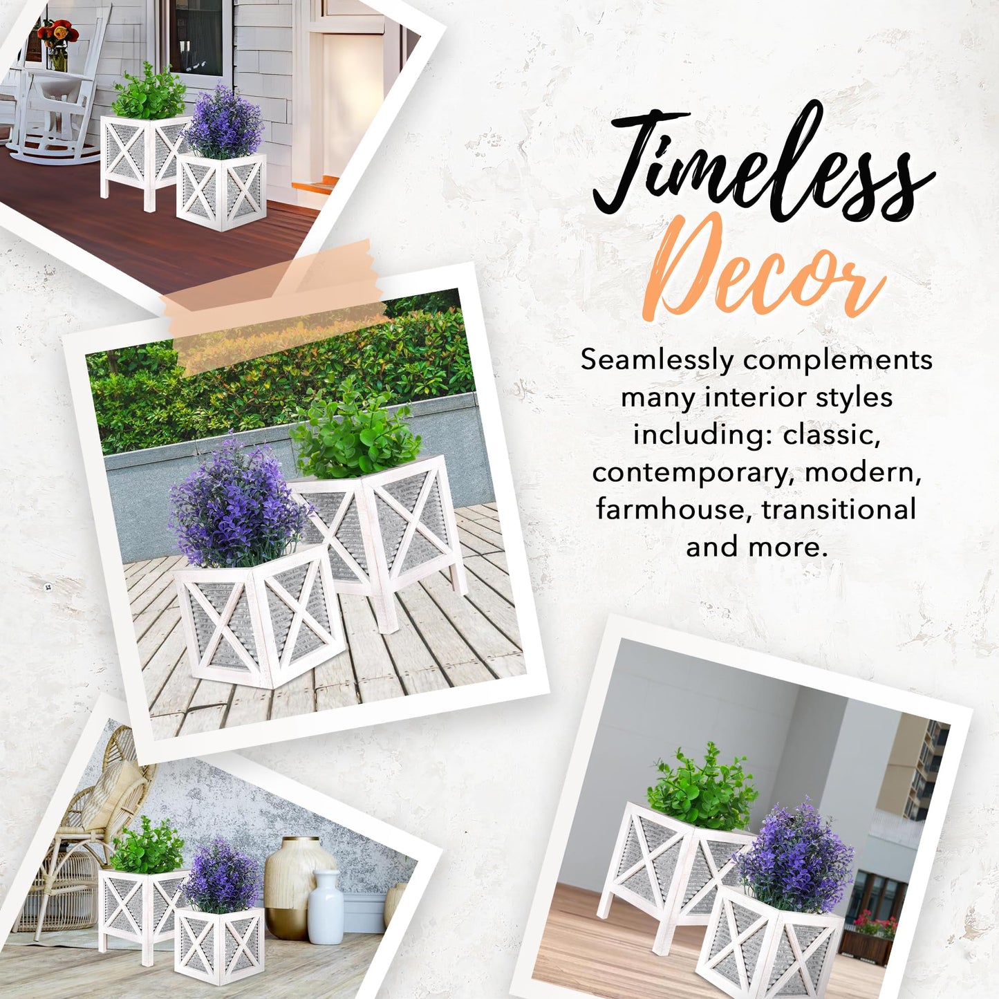 Autumn Alley Farmhouse Front Porch Planters Set of 2 Stand with Galvanized Corrugated Metal Planter for Outdoors/Indoors - Rustic Wood Square Planters Box on Legs – Charming Farmhouse Décor, White