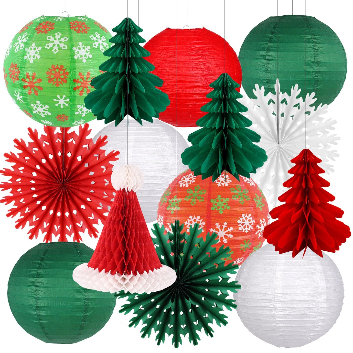 Christmas Party Decorations Paper Lanterns Honeycomb Santa Hat Tree Paper Fans for Christmas Birthday Party New Year Holiday Wall Home Decor