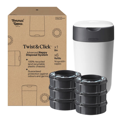 Tommee Tippee Twist and Click Nappy Bin Starter Set, 6x Refill Cassettes with Multilayer, Antibacterial Film, 100% Recycled Chassis, White