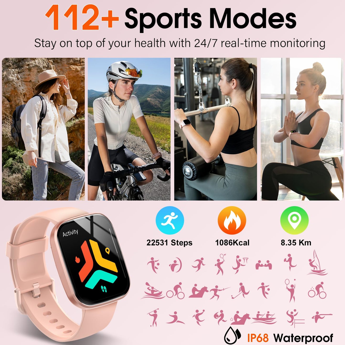 Smart Watch, 1.91" HD Screen Smartwatch for Men Women(Answer/Make Call), Fitness Watch with Heart Rate/Sleep Monitor/Steps Monitor, 110+ Sports Modes, IP68 Waterproof Activity Trackers Pink