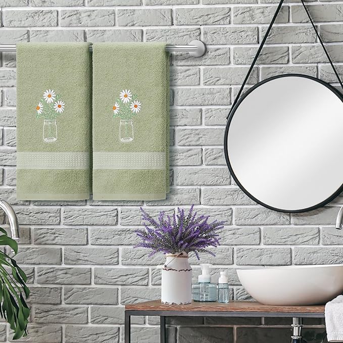 2 Pcs Daisy Flower Hand Towels Gray Green Bathroom Decor 14x29 Inch Embroidered