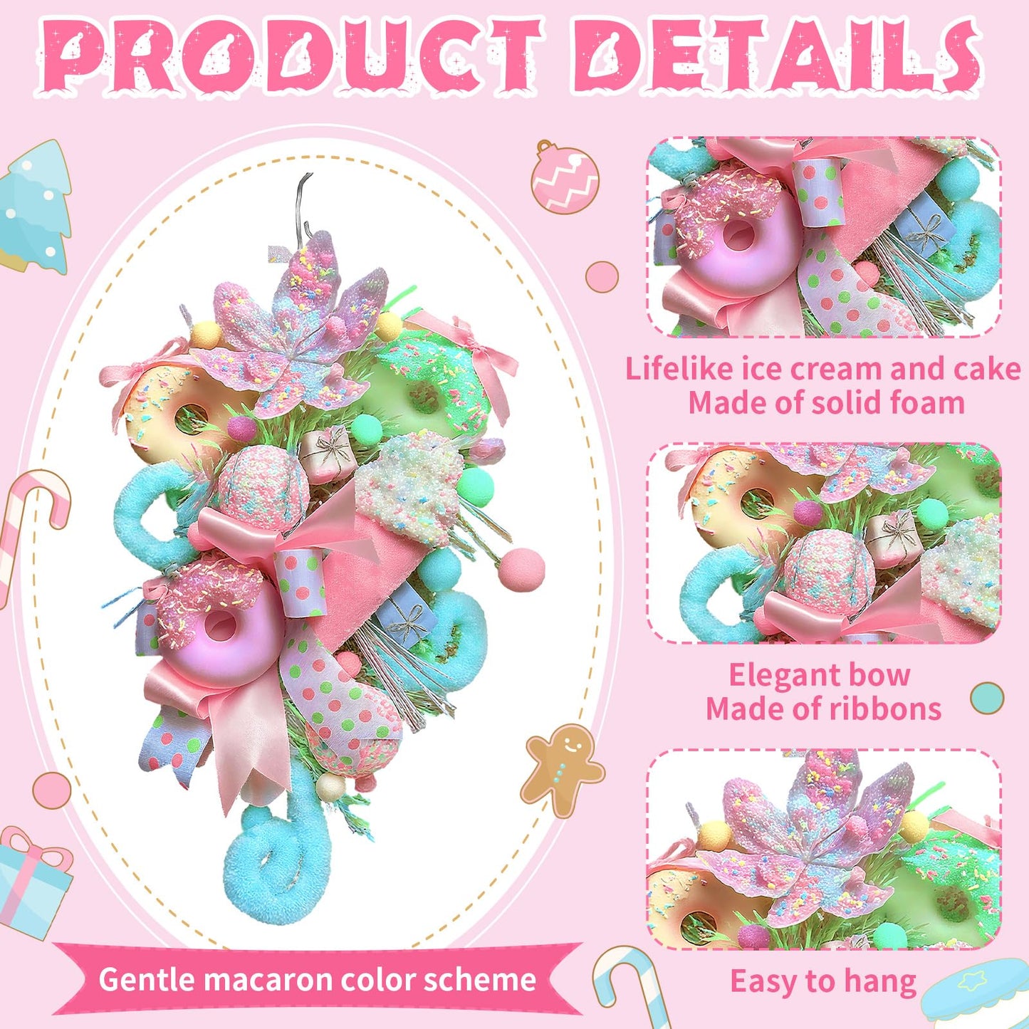 Retrowavy 18 Inch Pastel Christmas Teardrop Swag Decoration Xmas Candy Cane Tear Drop Swags Wreath with Ribbon Lollipop Sweet Donut Ice Cream Cake Curly Stem for Front Door Wall Fireplace Holiday