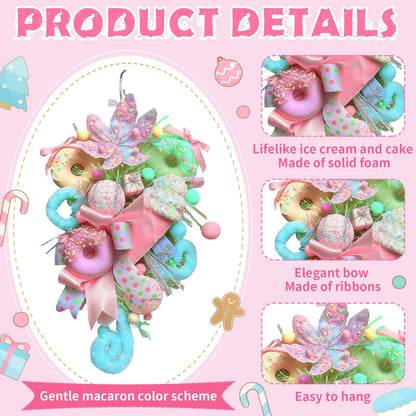 Retrowavy 18 Inch Pastel Christmas Teardrop Swag Decoration Xmas Candy Cane Tear Drop Swags Wreath with Ribbon Lollipop Sweet Donut Ice Cream Cake Curly Stem for Front Door Wall Fireplace Holiday