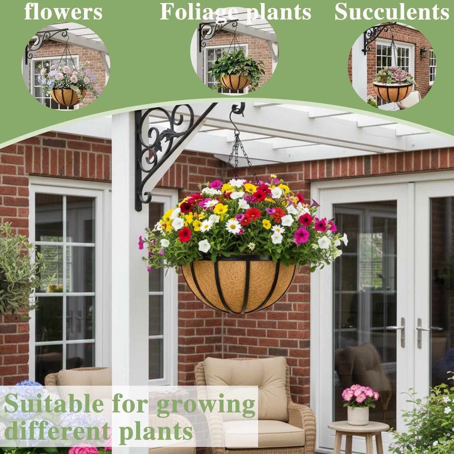 Black Flat Iron Metal Hanging Planter Basket with Coco Coir Liner(4 Pack, 14 Inch) Hanging Planters for Outdoor Plants Round Plant Flower Pots Hanging Flower Basket for Outdoor Patio Garden Decoration