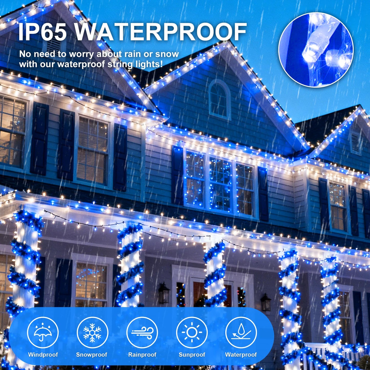 MYGOTO Led String Lights 500LED 165 ft Indoor/Outdoor Fairy String Lights 30V 8 Modes Christmas Lights for Home, Christmas Tree, Wedding Party, Room,Wall Decoration, Indoor&Outdoor(Blue+White)