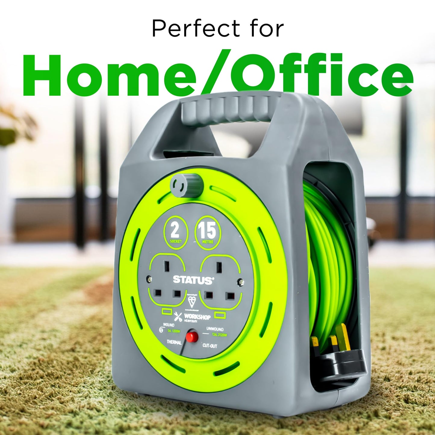 STATUS 2 Socket Cable Reel | 15m Green Extension Lead | 13A with Thermal Cut Out | Heavy Duty Outdoor Extension Lead | S15M2SHBCR1PK2