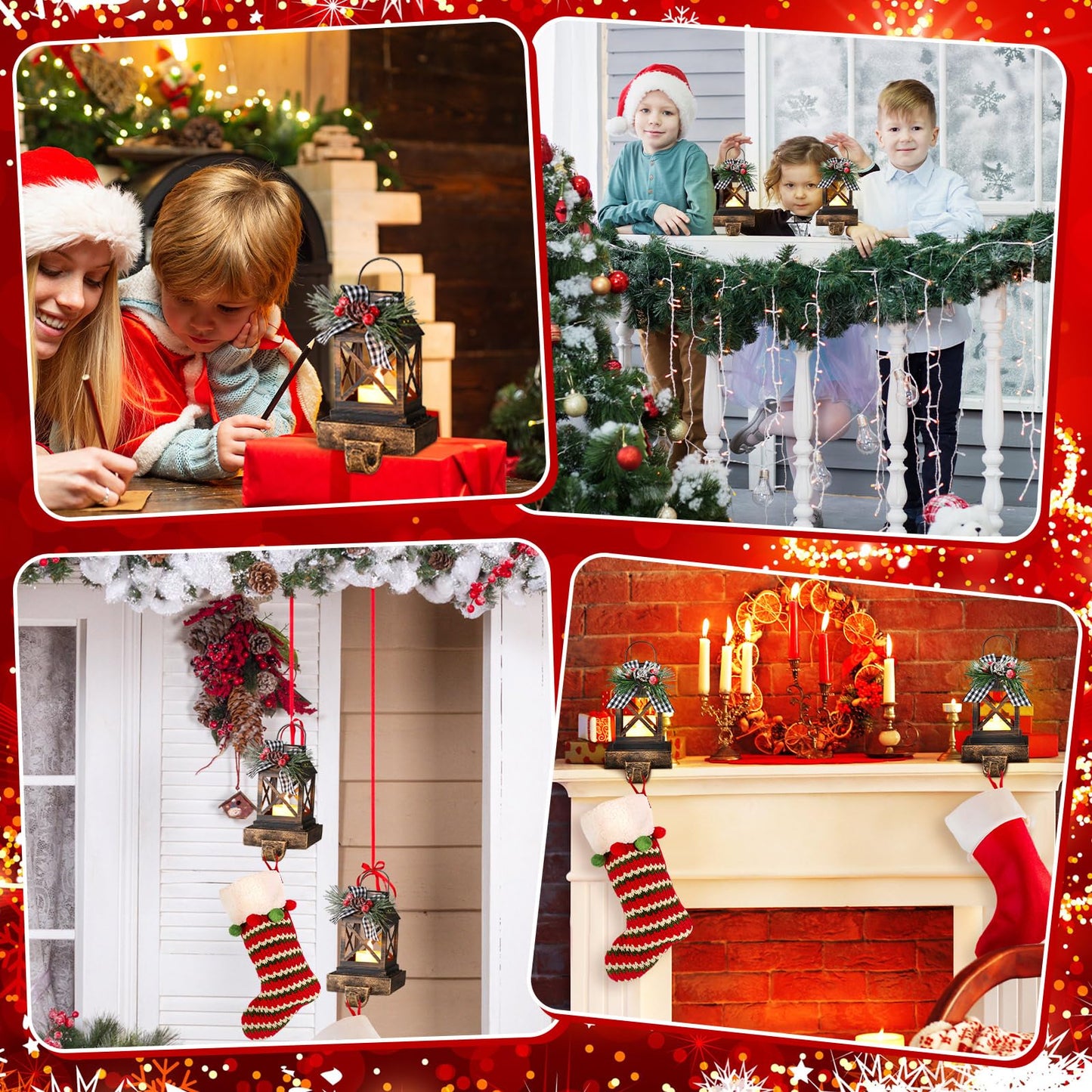 Therwen 2 Pcs Christmas Stocking Holders Lantern Christmas Stocking Hangers for Mantel Xmas Hooks Decorative Retro Light up Holders for Home Indoor Outdoor Decor(Classic,Bronze)