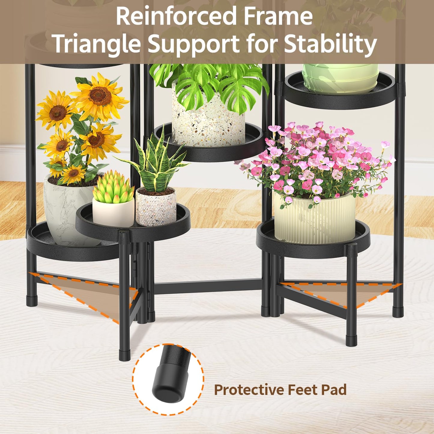 LASZOLA 8 Tiered Plant Stand Indoor Outdoor with Plastic Tray, Corner Folding Tall Flower Display Rack, Modern Plant Holder Shelf for Outdoor Patio Porch Garden Office Living Room, Black