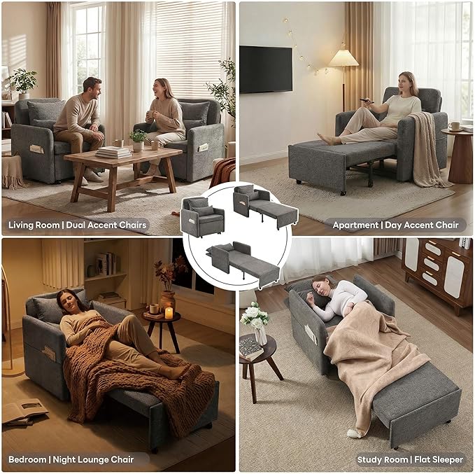 Iroomy 5-Level Adjustable Convertible Sleeper Chair, 3-in-1 Pull Out Sofa Bed
