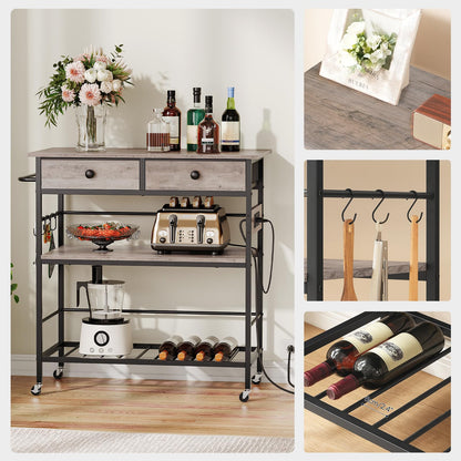HOOBRO Kitchen Island with Storage, Rolling Island Cart for Kitchen with 2 Drawers & Outlet, 3 Tier Coffee Station and Microwave Stand, Kitchen Island Table for Home, Greige BG08UZD01