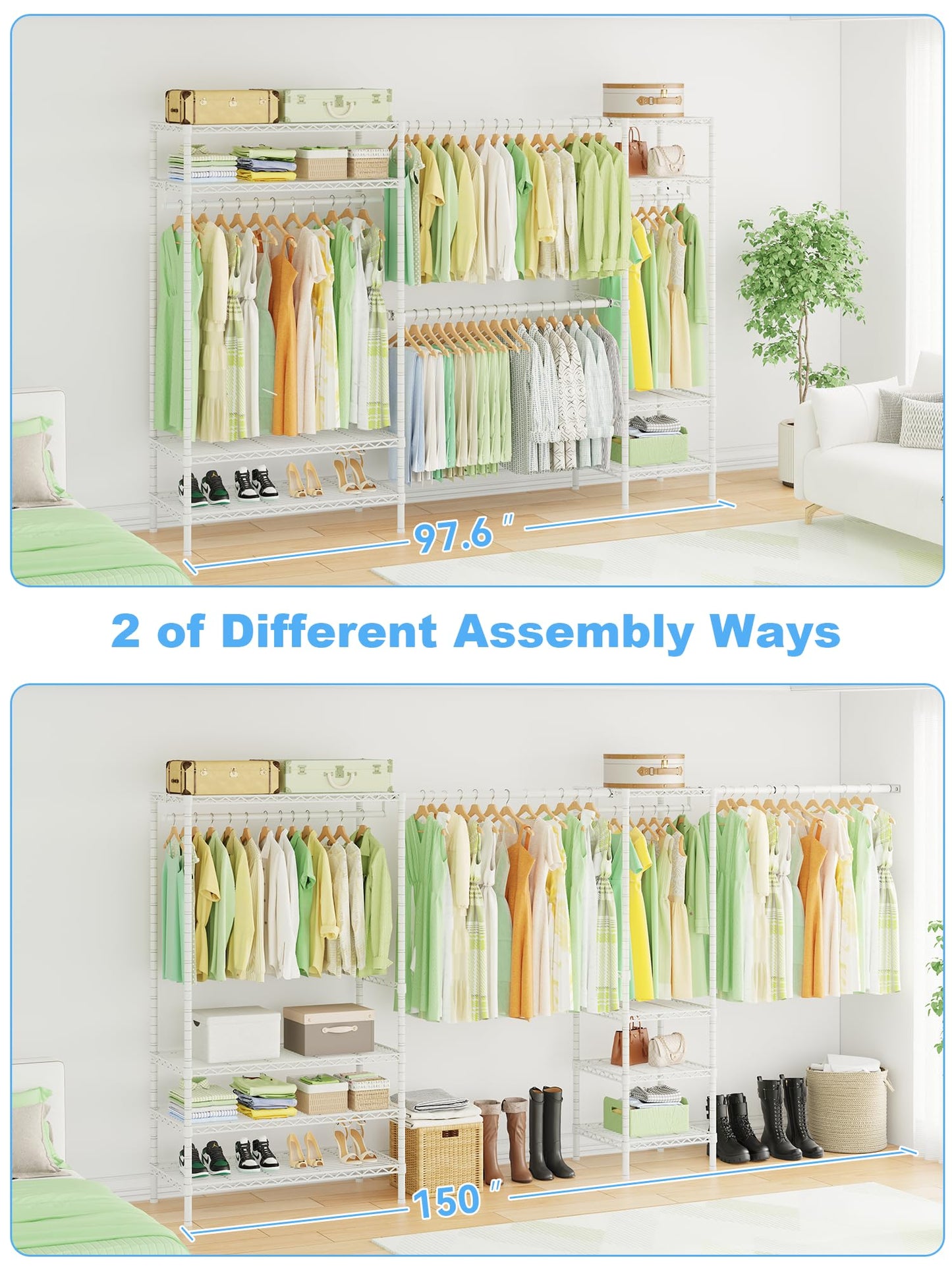 Ulif E11 Heavy-Duty Garment Rack, Metal Freestanding Clothes Rack and Closet Storage Organizer with 8 Shelves and 4 Hanger Rods, (73.2-97.6)" W x 14.5" D x 71.2" H, Load 1034 LBS, White