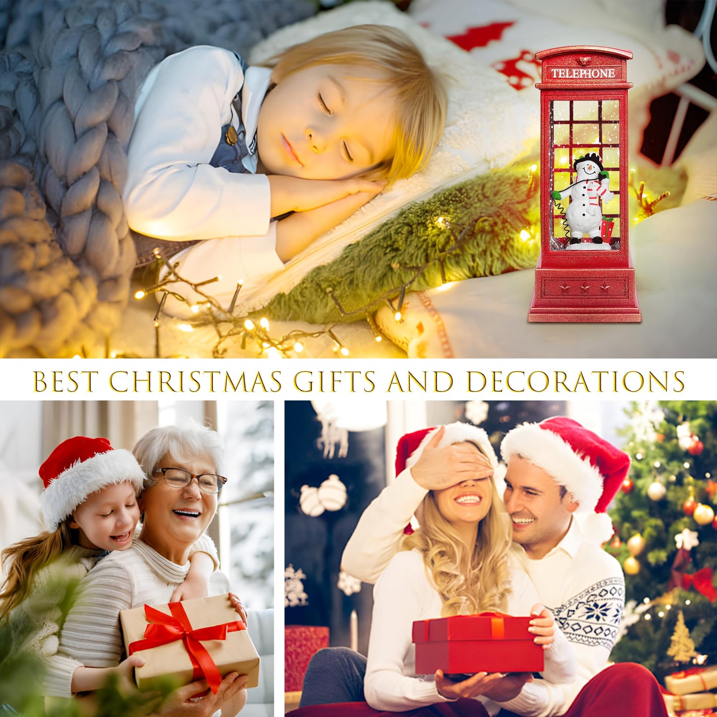 Christmas Snow Globes, 10" Snowman Christmas Glitter Lantern with 8 Songs, 6H Timer Battery & USB Powered Music Box for Christmas Table Decorations
