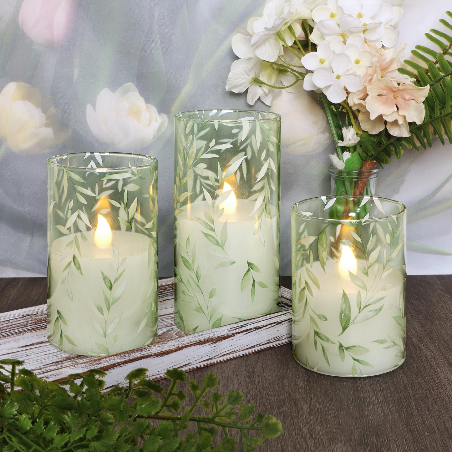 Crystal Club Glass Flameless Candles with Remote Timer, Battery Operated Flickering LED Pillar Candles, Green Willow Leaves Design for Wedding Holiday Home Decor