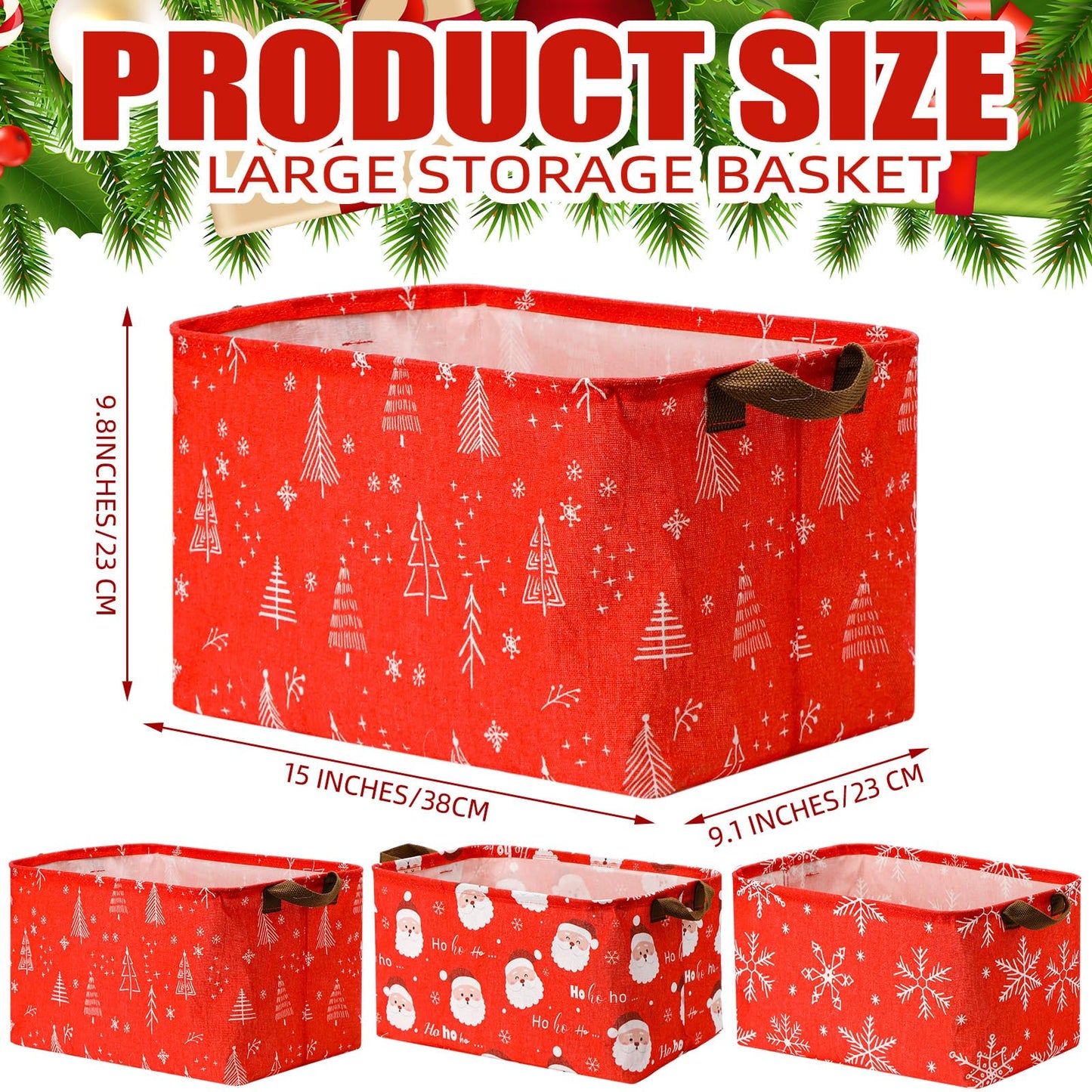 Layhit 3 Pcs Christmas Storage Bins Large Foldable Christmas Basket with Handles Xmas Tree Santa Snowflake Boxes Red white Fabric Collapsible Basket for Cloth Toy Book Ball Party Supplies