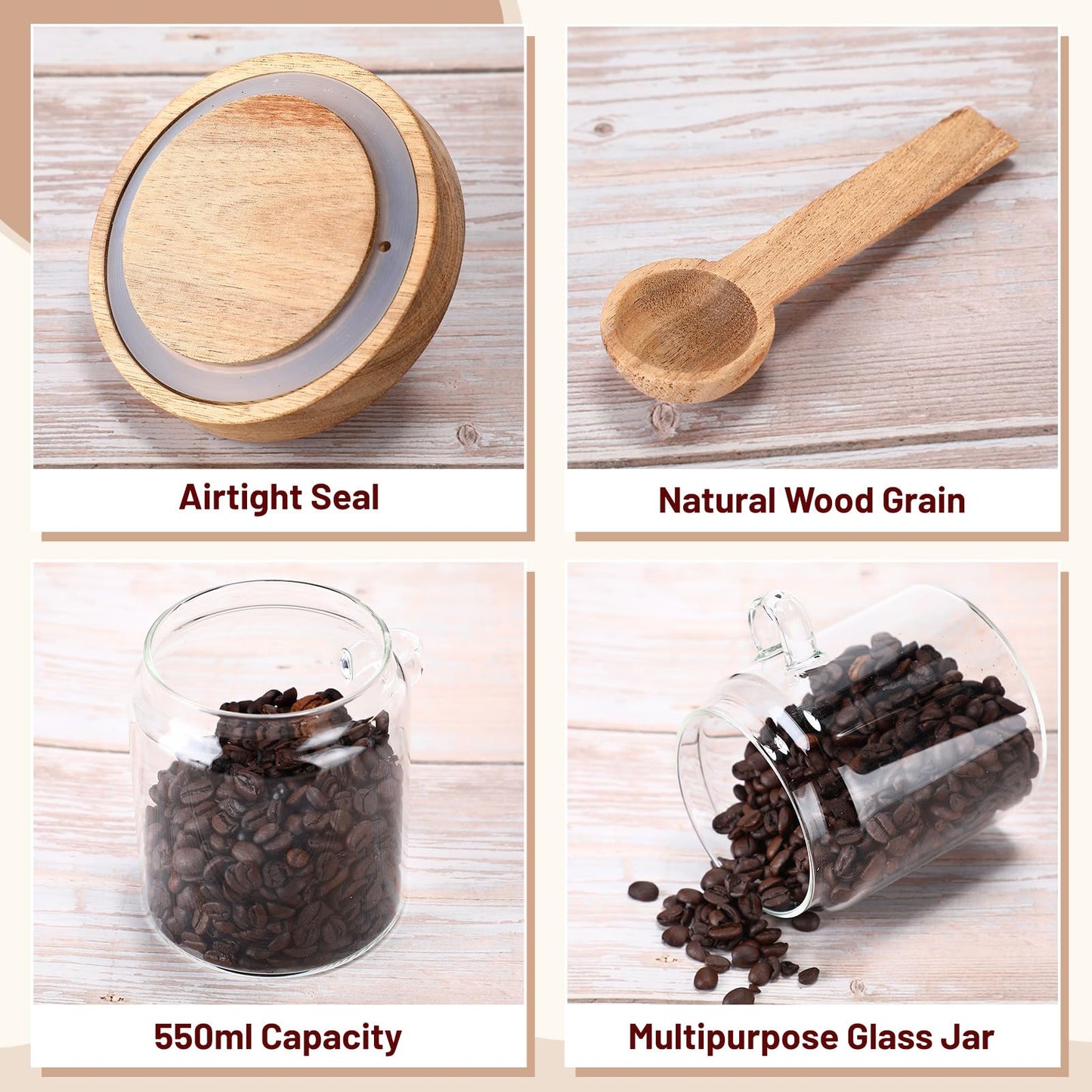 Remerry Set of 6 Glass Jar with Wooden Lid and Spoon, 13.5 oz Coffee Bean Tea Sugar Jar Set, Clear Airtight Spice Canisters Glass Food Storage Kitchen Containers for Coffee Bean Tea Sugar