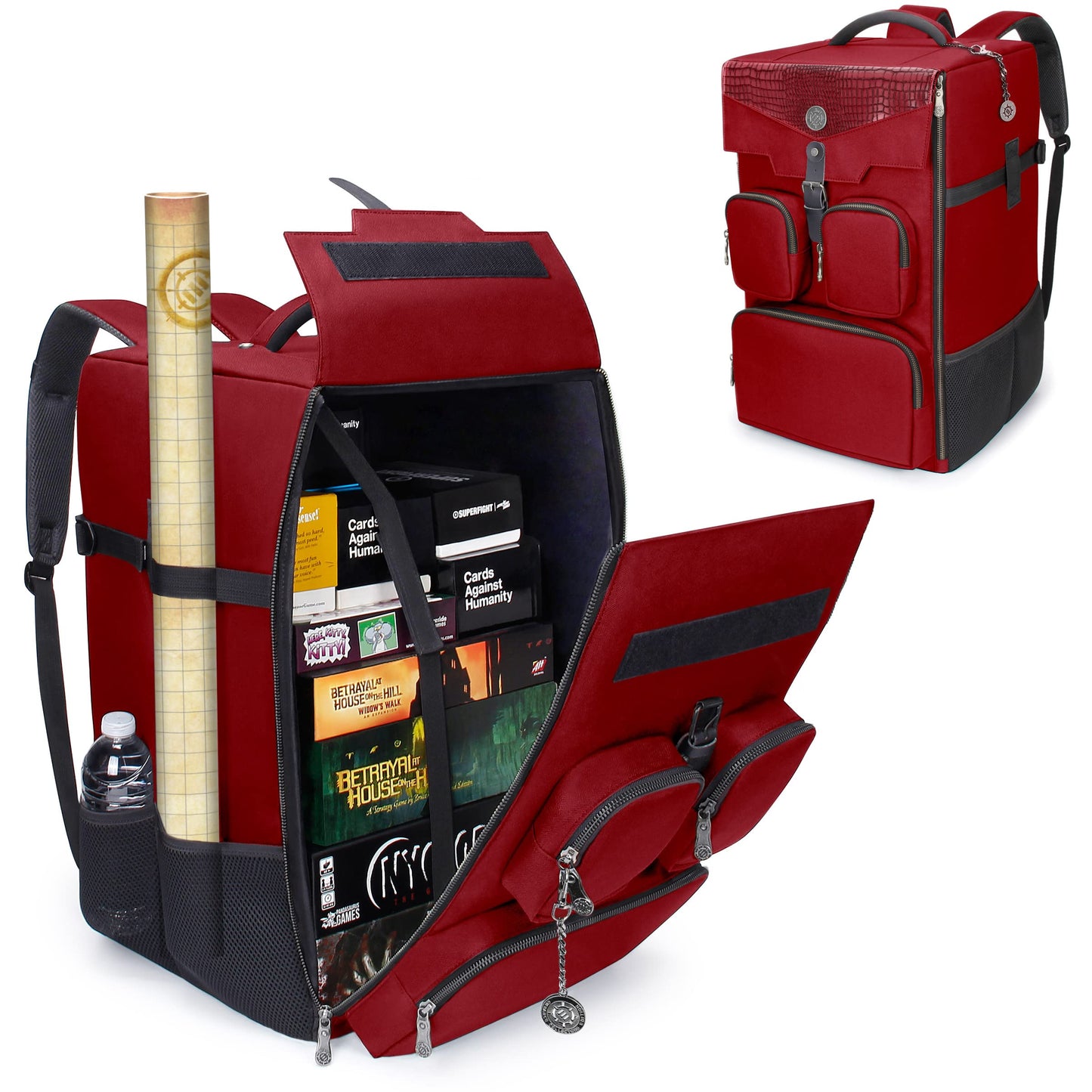 ENHANCE Collector's Edition Board Game Backpack - Reinforced Rigid Board Game Storage with Padded Shoulder Straps, Carrying Handle, and Accessories Pockets for Dice, Card Games, More (Dragon Red)