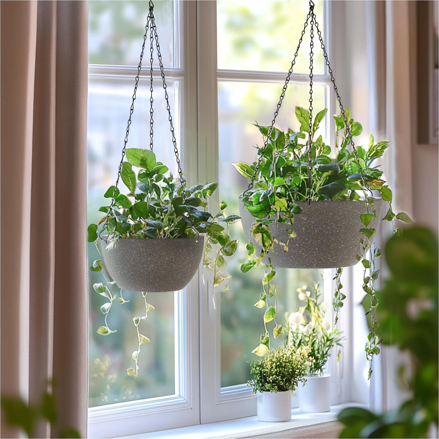 T4U Hanging Planters for Indoor Outdoor Plants 2 Pack - 12 Inch Grey Hanging Plant Basket with Drainage Hole, Round Hanging Flower Plant Pot for Garden Home Decor(Grey)