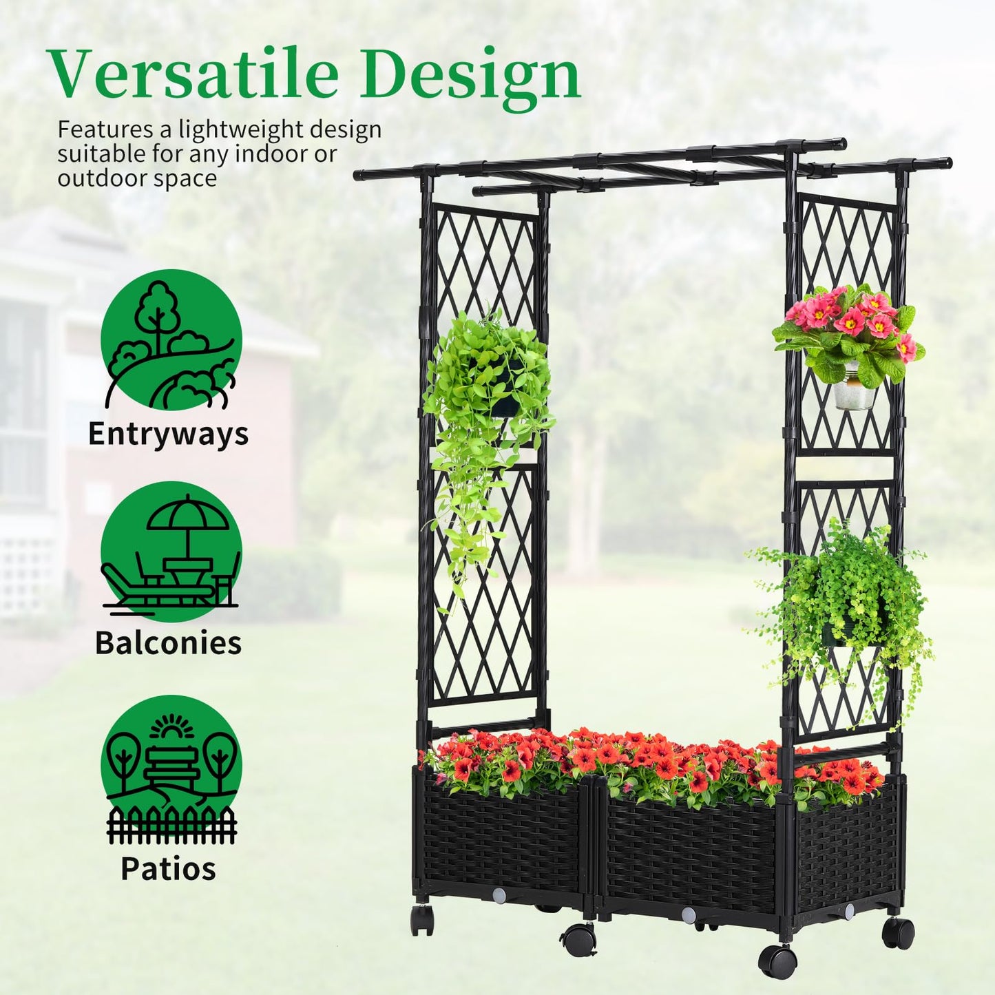FOLLOOK Planter Box with Trellis Outdoor, 53.1in Plastic Raised Garden Bed with Trellis Hanging Roof for Vine Flower, with Lockable Wheels & Drain Plug for Patio Backyard Balcony, Black, 1 Pc